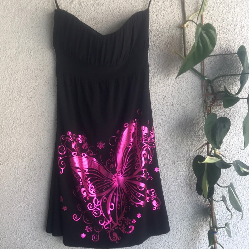 WET SEAL | Black Vintage Y2K Strapless Dress with Butterfly Design